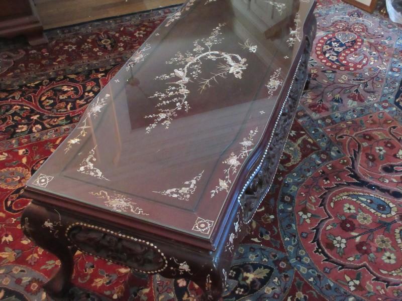 Exquisite Chinoiserie Asian Coffee Table Lower Shelf Ball & Claw Feet Ornately Carved Apron &