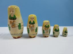 5pc Russian Style Nesting Dolls Girl Playing Lyre Harp Figures- 6"- 1 3/4"H