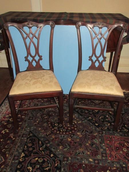 Pair of Henkel-Harris Co. Mahogany Chippendale Style Formal Chairs Intricate Back Splat Broad