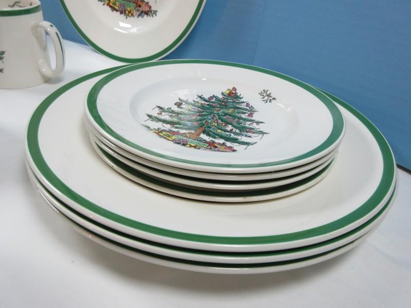 12pc Set Spode China Christmas Tree-Green Trim Pattern Buffet Set 4 Each Dinner Plates, Salad