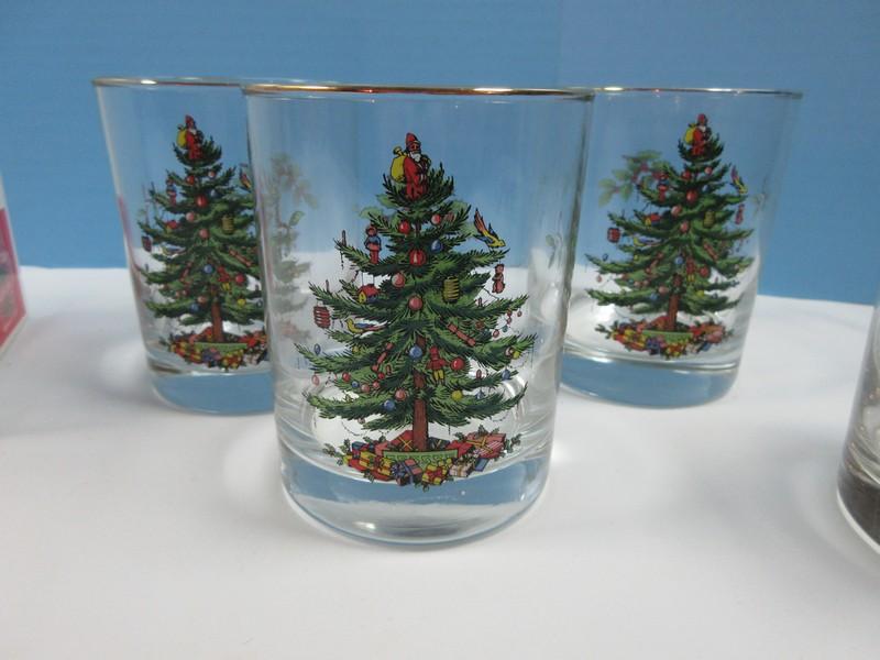 Set of 4 Spode Glassware Christmas Tree 4 1/8" Double Old Fashioned 12oz w/Gold Trim-NIB