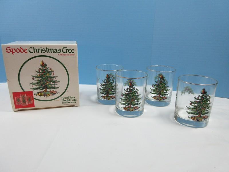 Set of 4 Spode Glassware Christmas Tree 4 1/8" Double Old Fashioned 12oz w/Gold Trim-NIB