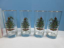 Set of 4 Spode Glassware Christmas Tree 6 1/4" Highball Glass Tumblers 12oz w/Gold Trim-NIB