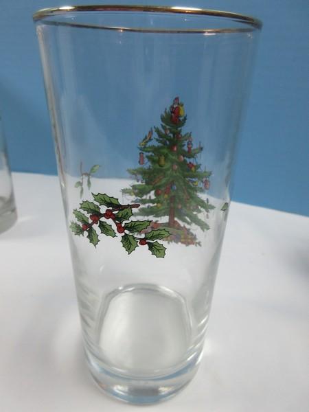 Set of 4 Spode Glassware Christmas Tree 6 1/4" Highball Glass Tumblers 12oz w/Gold Trim-NIB