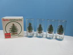 Set of 4 Spode Glassware Christmas Tree 6 1/4" Highball Glass Tumblers 12oz w/Gold Trim-NIB