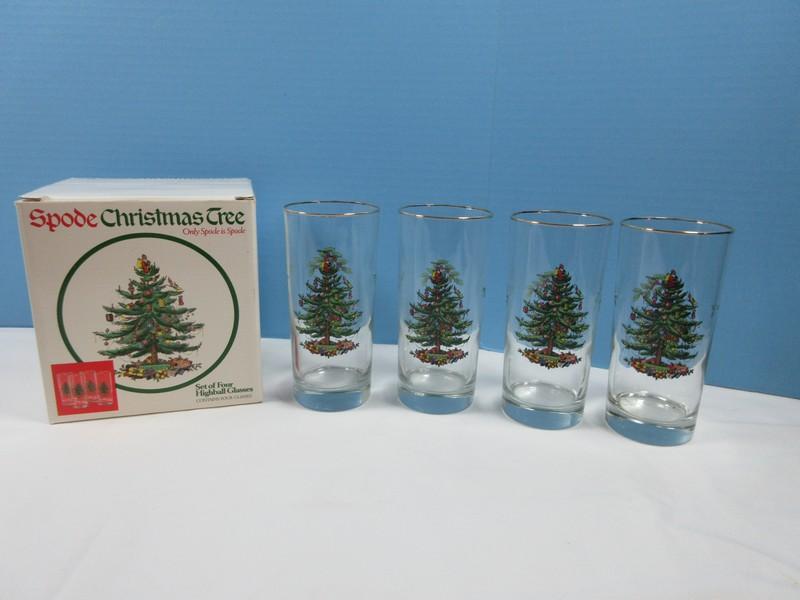 Set of 4 Spode Glassware Christmas Tree 6 1/4" Highball Glass Tumblers 12oz w/Gold Trim-NIB