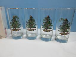 Set of 4 Spode Glassware Christmas Tree 6 1/4" Highball Glass Tumblers 12oz w/Gold Trim-NIB