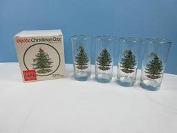 Set of 4 Spode Glassware Christmas Tree 6 1/4" Highball Glass Tumblers 12oz w/Gold Trim-NIB