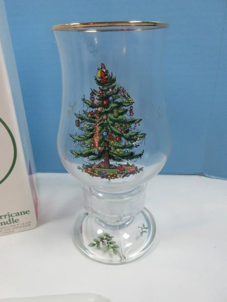 Pair Spode Glassware Christmas Tree 8" Glass Hurricane w/Base & Candle-NIB MSRP $50.00