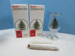 Pair Spode Glassware Christmas Tree 8" Glass Hurricane w/Base & Candle-NIB MSRP $50.00