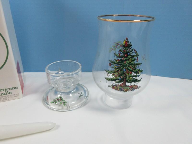 Pair Spode Glassware Christmas Tree 8" Glass Hurricane w/Base & Candle-NIB MSRP $50.00