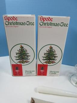 Pair Spode Glassware Christmas Tree 8" Glass Hurricane w/Base & Candle-NIB MSRP $50.00