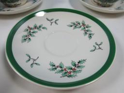 Set of 8 Spode China Christmas Tree Green Trim 4 Teacups & 4 Saucers-NIB