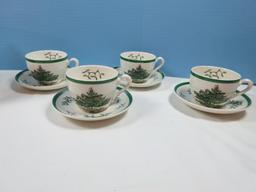 Set of 8 Spode China Christmas Tree Green Trim 4 Teacups & 4 Saucers-NIB