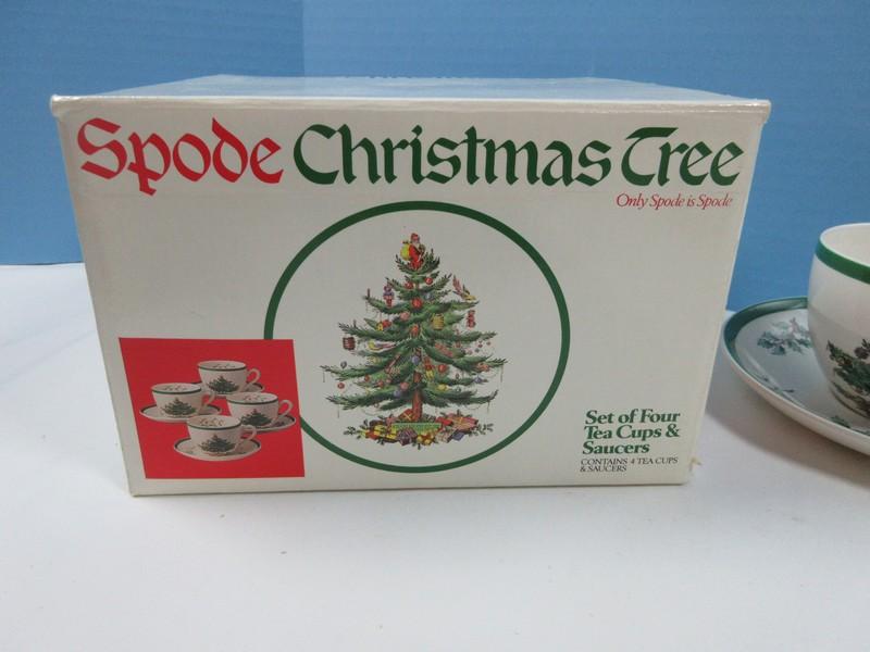 Set of 8 Spode China Christmas Tree Green Trim 4 Teacups & 4 Saucers-NIB