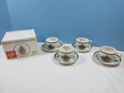 Set of 8 Spode China Christmas Tree Green Trim 4 Teacups & 4 Saucers-NIB