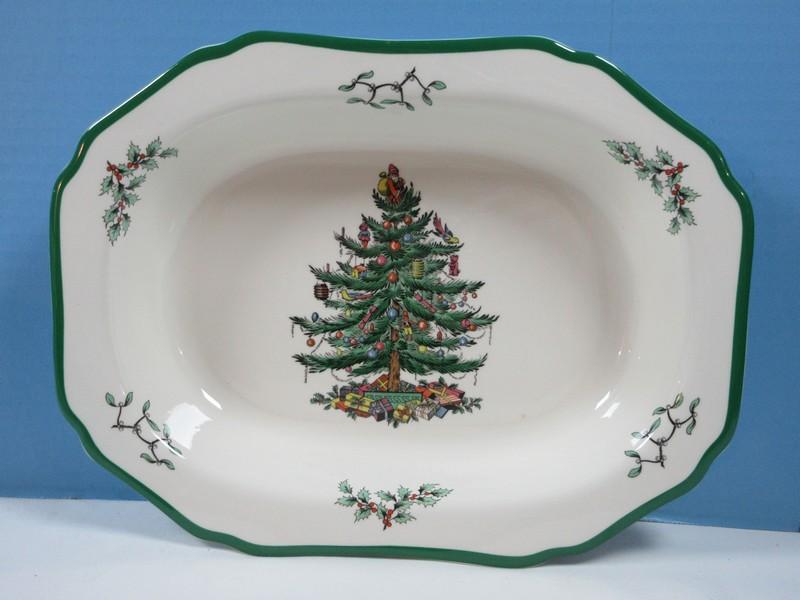 Spode China Christmas Tree Green Trim Large Vegetable Serving Dish- NIB