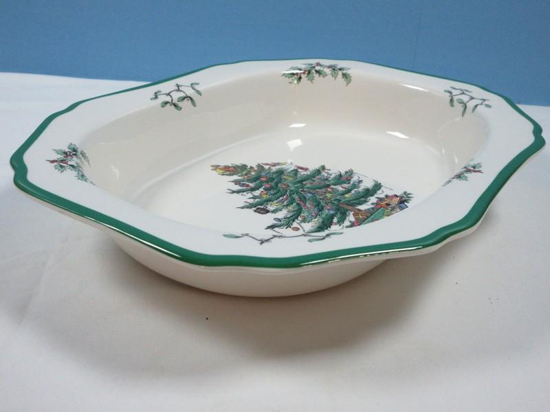 Spode China Christmas Tree Green Trim Large Vegetable Serving Dish- NIB