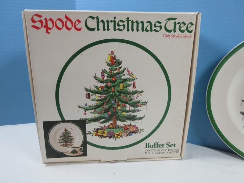 3pc Spode China Christmas Tree Green Trim Buffet Set Plate, Cup & Saucer in Box-Macy's $25.99