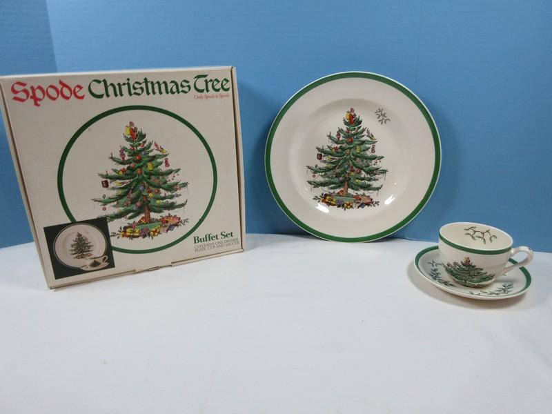 3pc Spode China Christmas Tree Green Trim Buffet Set Plate, Cup & Saucer in Box-Macy's $25.99