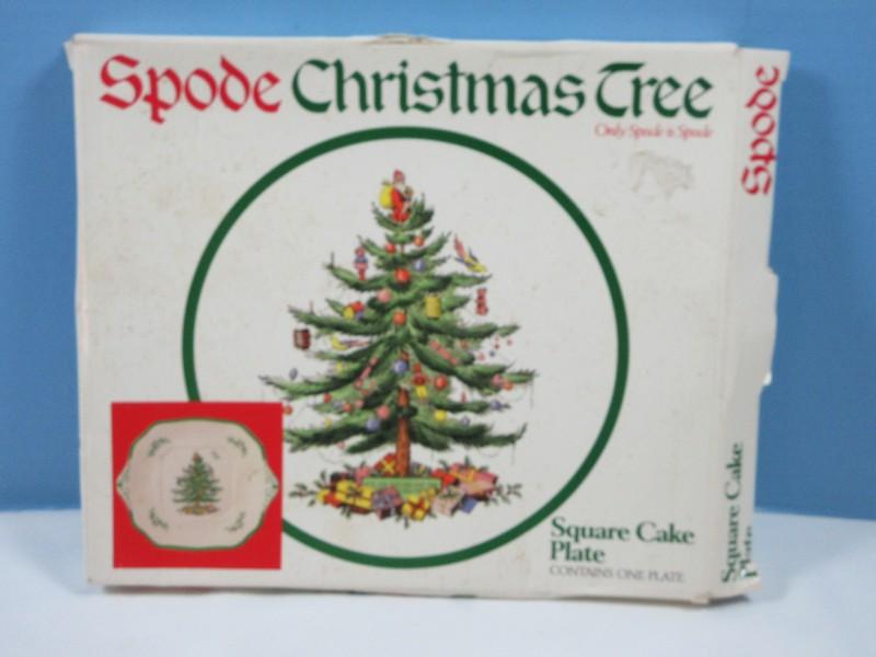 Spode China Christmas Tree Green Trim Square Cake Plate-NIB
