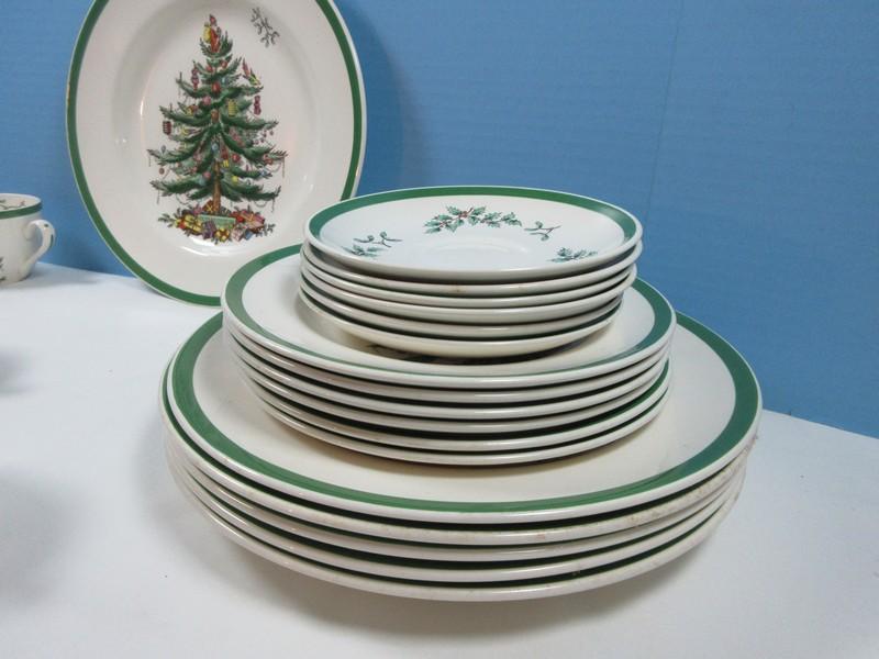 24pcs Spode China Christmas Tree Green Trim Dinnerware 4pc Place Setting for 6- Dinner Plates,