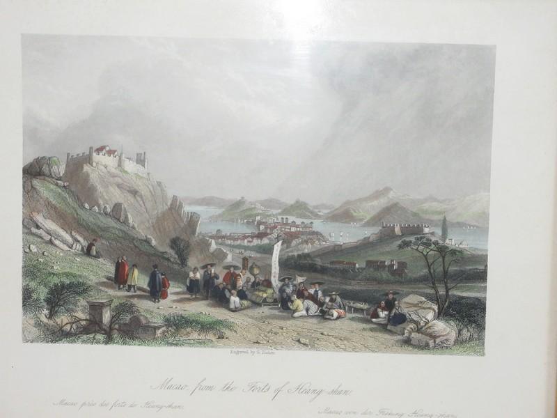 Antique Engraving From "China Illustrated" Macao From The Forts of Heang-Shan Hand Colored