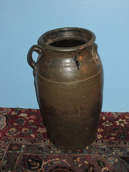 Impressive Early Pottery Stoneware 6 Gallon Churn w/Lug & Applied Handle Unique Glaze Finish