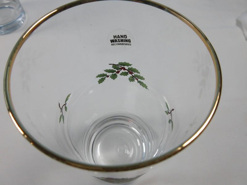 Set of 4 Spode Glassware Christmas Tree Pattern Gold Rim 6 1/4" Highball Glassware 15oz-