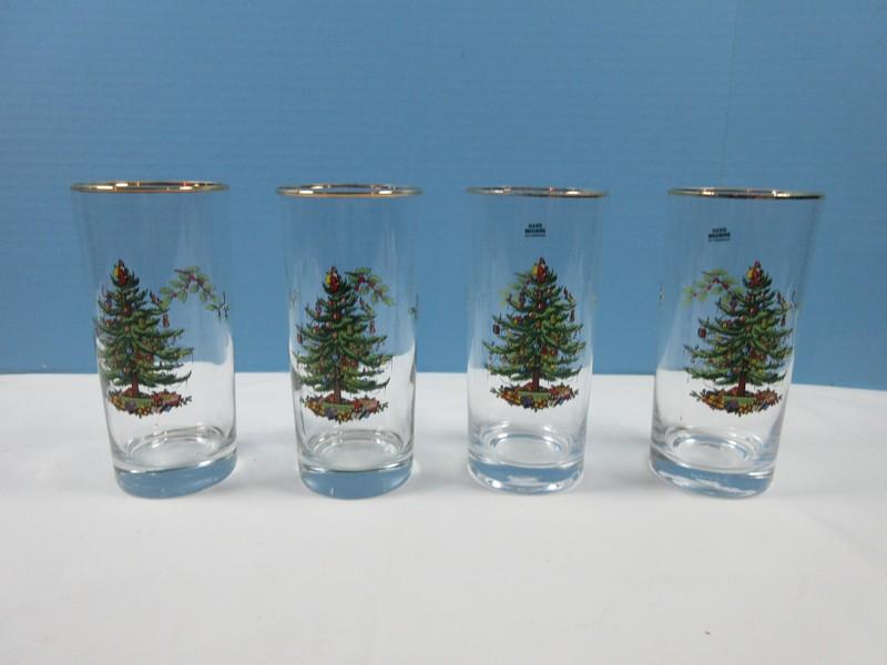 Set of 4 Spode Glassware Christmas Tree Pattern Gold Rim 6 1/4" Highball Glassware 15oz-