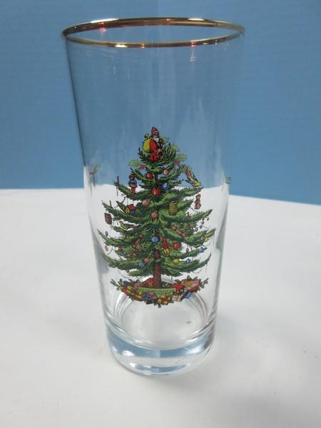 Set of 4 Spode Glassware Christmas Tree Pattern Gold Rim 6 1/4" Highball Glassware 15oz-