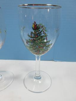 Set of 4 Spode Glassware Christmas Tree Pattern Wine Stem 7 1/4" Glasses 13oz