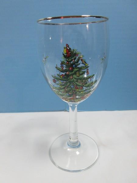 Set of 4 Spode Glassware Christmas Tree Pattern Wine Stem 7 1/4" Glasses 13oz