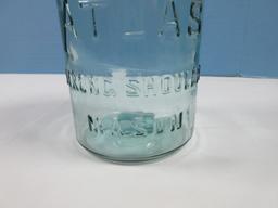 Vintage Atlas Strong Shoulder Mason Blue Glass Canning Jar #1 w/Zinc Altas Lid 7 1/4"