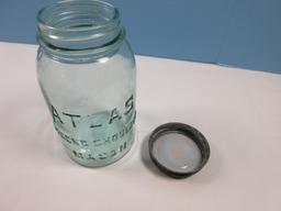 Vintage Atlas Strong Shoulder Mason Blue Glass Canning Jar #1 w/Zinc Altas Lid 7 1/4"