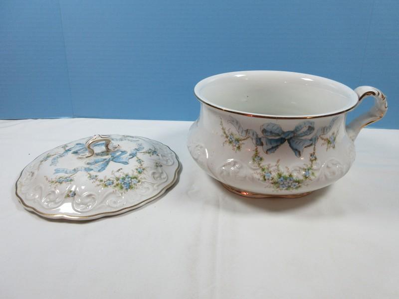 Scarce Find Early WH Tatler Decorating Co. 2pc Chamber Pot Blue Floral Swag & Satin Ribbon