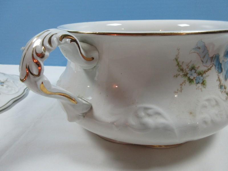 Scarce Find Early WH Tatler Decorating Co. 2pc Chamber Pot Blue Floral Swag & Satin Ribbon