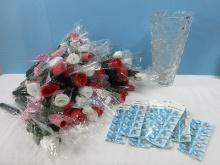 40 Plus Stem Silk Lighted Single Roses w/ Colors Red/White w/ Pink Bow Ribbons and Button