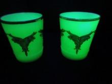 Rare Antique Heisey Uranium Custard Glass Gold Accents Winged Scroll Pattern 9oz Flat Tumblers