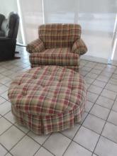 Plaid Upholstery Rolled Arm Chair w/ Matching Round Tuffed Ottoman Wood Feet