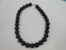 Large Wooden Black Matte Bead Statement Necklace 925 Sterling Lobster Clasp 38"L