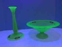 Rare Find Phenomenal Depression Uranium Green Satin Glass Pedestal Compote 9 1/4"D Footed