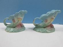 Pair Hull Pottery Bow Knot Blue & Turquoise Matte pattern B-17 Single Light Candlesticks