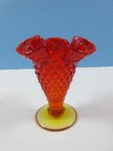 Fenton Art glass Orange Hobnail Pattern Small 3 3/4" Double Crimped Vase-Circa 1964-77