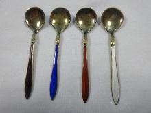 Exquisite Set of 4 Norway Sterling Enamel Salt Cellar Spoons 2 1/2" 4 Various Colors