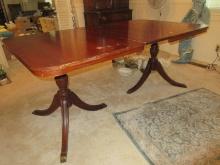 Duncan Phyfe Style Mahogany Urn Double Pedestal Table w/Leaf & Brass Cap Feet-38" x 68"