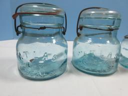 3 Atlas E-Z Seal Blue Glass Squatty Pint Canning Jars Wire Lock and Glass Lid