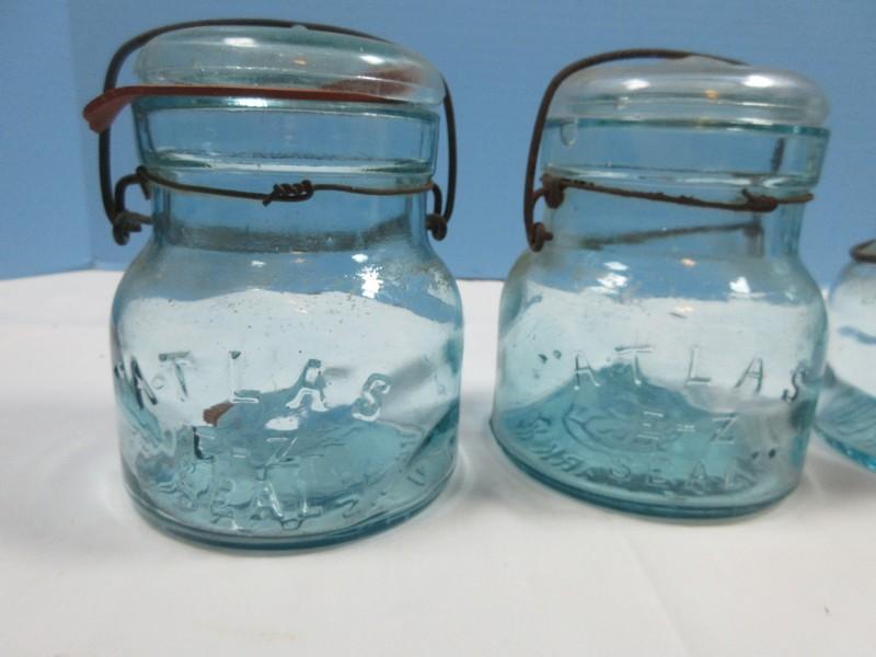 3 Atlas E-Z Seal Blue Glass Squatty Pint Canning Jars Wire Lock and Glass Lid