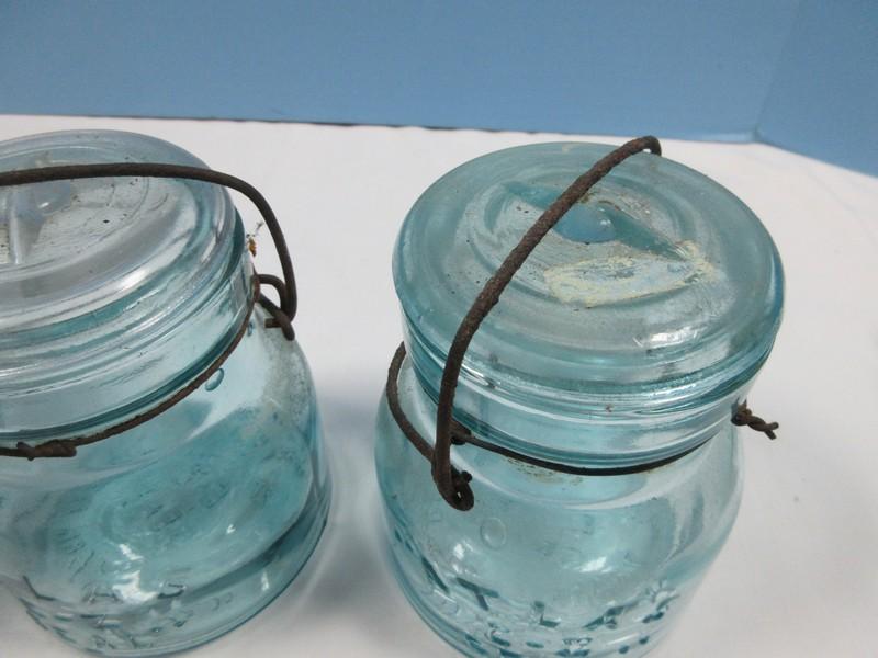 3 Atlas E-Z Seal Blue Glass Squatty Pint Canning Jars Wire Lock and Glass Lid