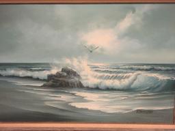 Rolling Wave Beach Scene w/ Seagull Original Artwork on Canvas Artist Signed Remington